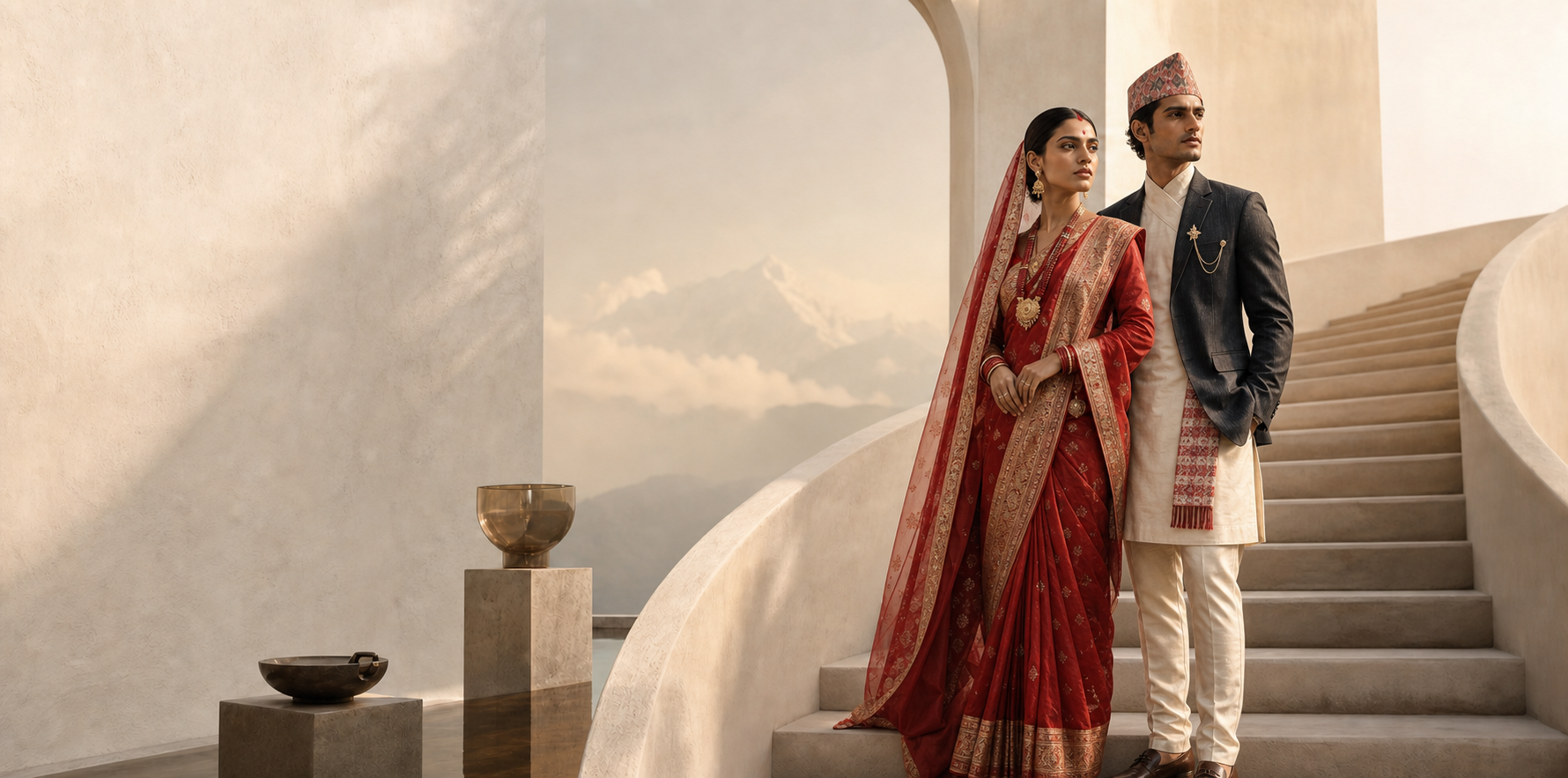 Nepalese bride and groom in premium traditional wedding attire