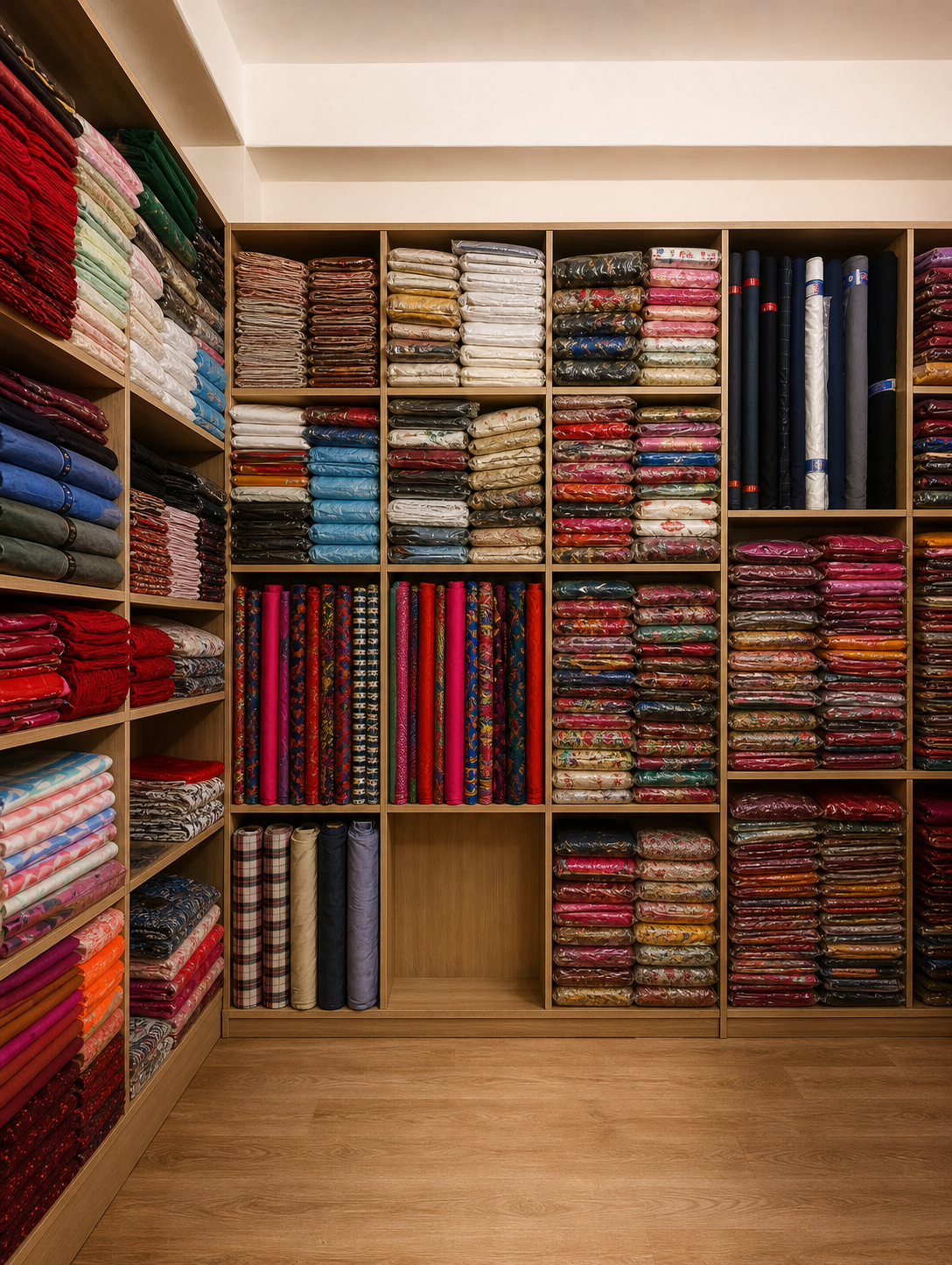 A curated wall of textiles inside Aatarkada Stores in Tamghas